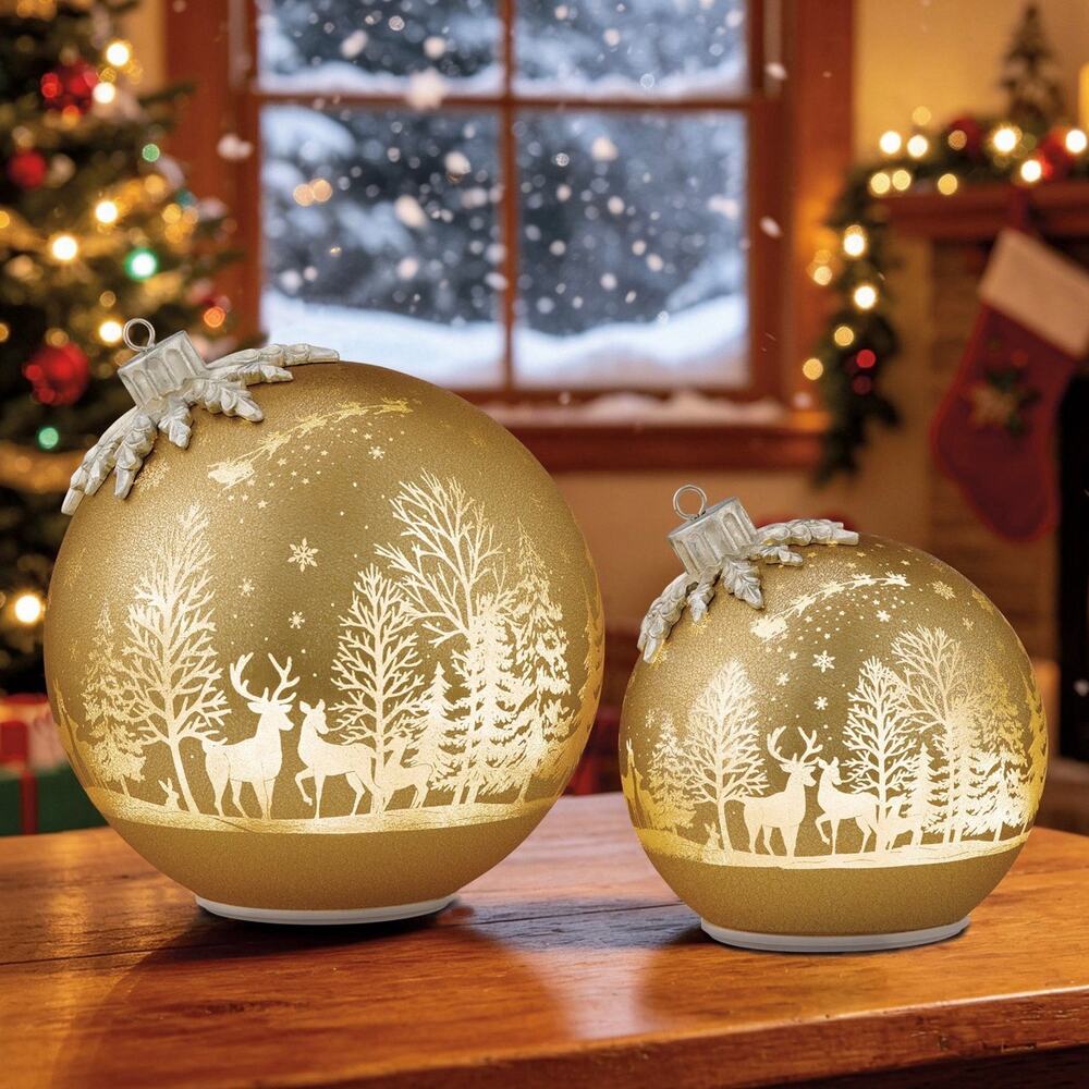 6.5” & 8.5” Gold Rotating Glass Ornaments Decor with LED Lights Set of 2